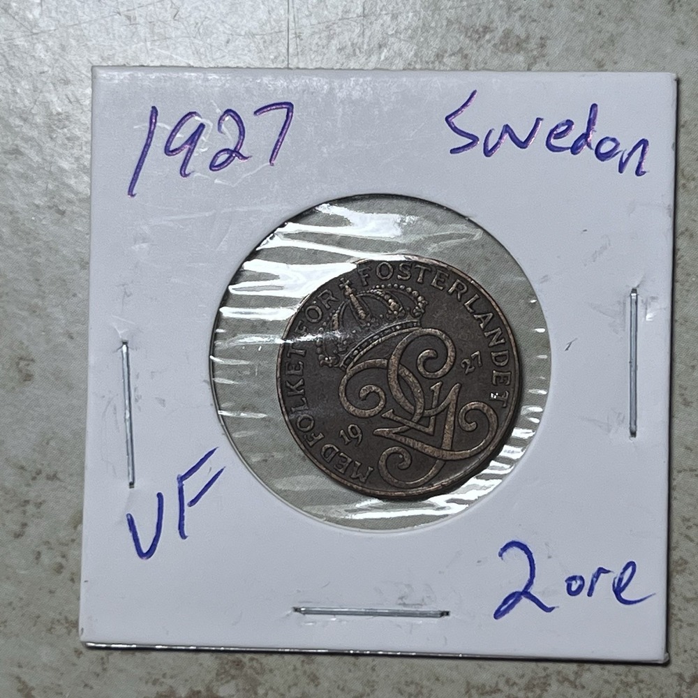 1927 Sweden 2 Ore Bronze Coin - King Gustaf V - VF Very Fine Condition